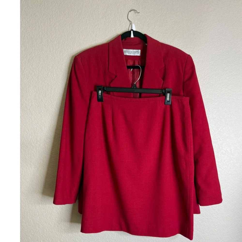 Amanda Smith‎ Womens 14 Skirt Suit Red Pure Wool Blazer Pencil Skirt 2 Piece Set